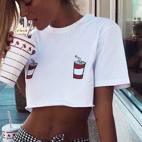 

women clothing t shirt summer casual print cartoon cup drink milk crop o neck short sleeve tees loose fashion wear dropshipping, White