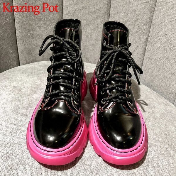 

krazing pot vitality sweet maiden mixed colors genuine leather lace up round toe med heels winter keep warm ankle boots l28, Black