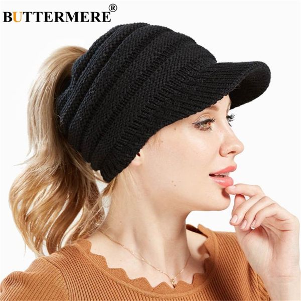 

buttermere black messy bun beanie women ponytail beanies autumn winter hats female soft knitting caps warm solid ladies skullies, Blue;gray