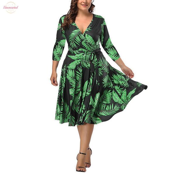 

plus size dress for women summer three quarter sleeve deep v neck tropical plant print bandage lace up woman maxi dresses, Black;gray