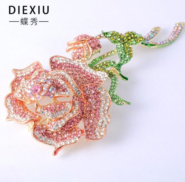 

trendy pink rose flower enamel pins semi-precious stone rhinestone brooch women accessories gifts for crystal brooches, Gray