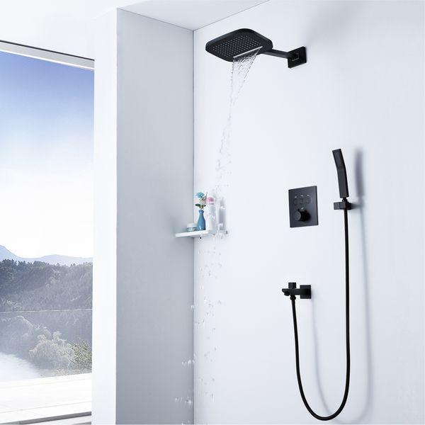 

black rainfall shower thermostatic waterfall rain 200*250mm shower head shower set showerheads brass faucets mixer 3 functions