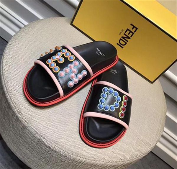 

2019 Women's Slipper Summer Genuine Leather Embroidery Letter Flats Sandals New Brand Original Box Moccasins Soft Sole Seaside Scuffs