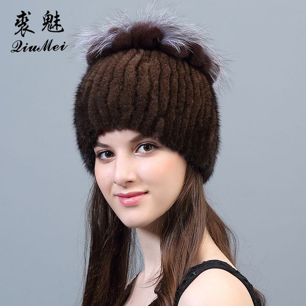 

female winter hats natural with rex flower knitting beanies brand fur new russian women's cap real mink, Blue;gray