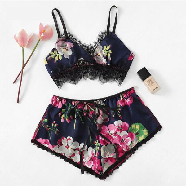 

women's sleepwear lace trim floral print satin women lingerie set boho wireless intimates femme bra underwear, Black;red