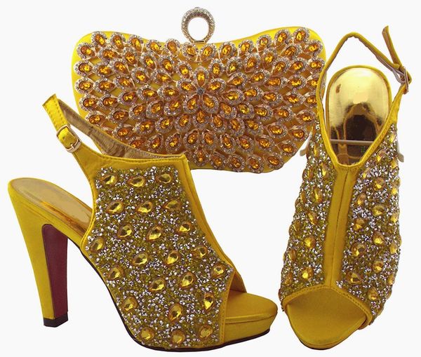 

most popular yellow women pumps and bag set with colorful crystal decoration african shoes match handbag for dress qsl005,heel 12cm, Black