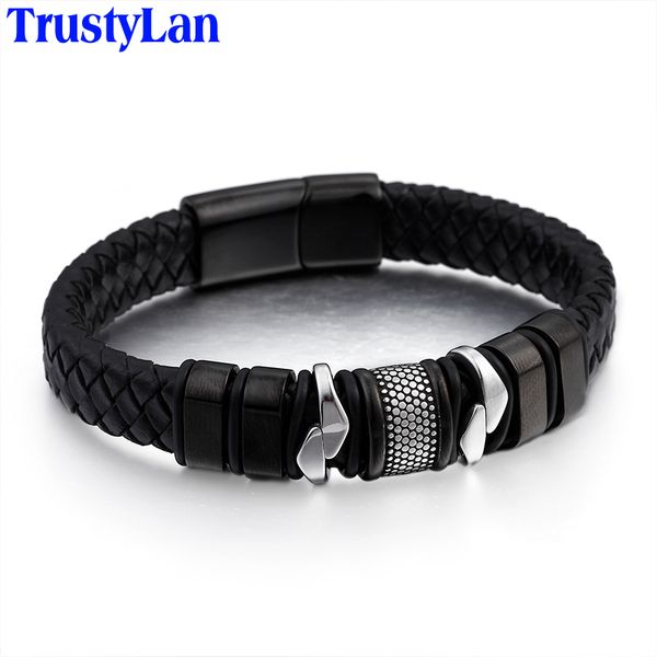 

trustylan 16mm wide stainless steel wrap bracelet men black genuine leather mens bracelets bangles with magnet clasp gifts, Golden;silver