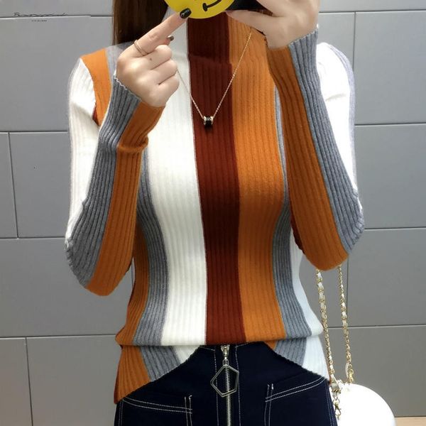 

rainbow stripe contrast sweater knitted pullover 2019 long sleeve slim knitwear fashion turtleneck women jumper 34381, White;black