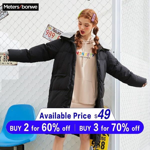 

metersbonwe long warm down parkas women winter warm 80% gray duck down hooded female turndown collar coat winter outwear, Black