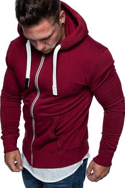 

sfit autumn men casual zipper hoodies slim fit hooded sweatshirt outwear male solid color warm sports coat jackets outfits, Black