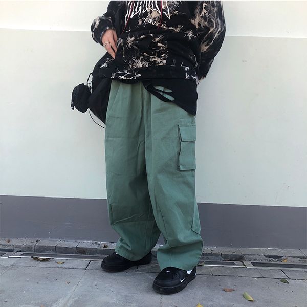 

loose baggy harem cargo jogger hip hop pocket wide pant streetwear punk track camo white harajuku women man korea high waistband, Black;white