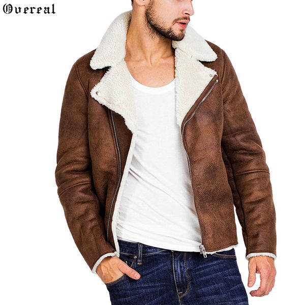 

side zipper winter warm fleece lined male faux fur collar leather jacket men suede bomber coats brown color xxxl, Black