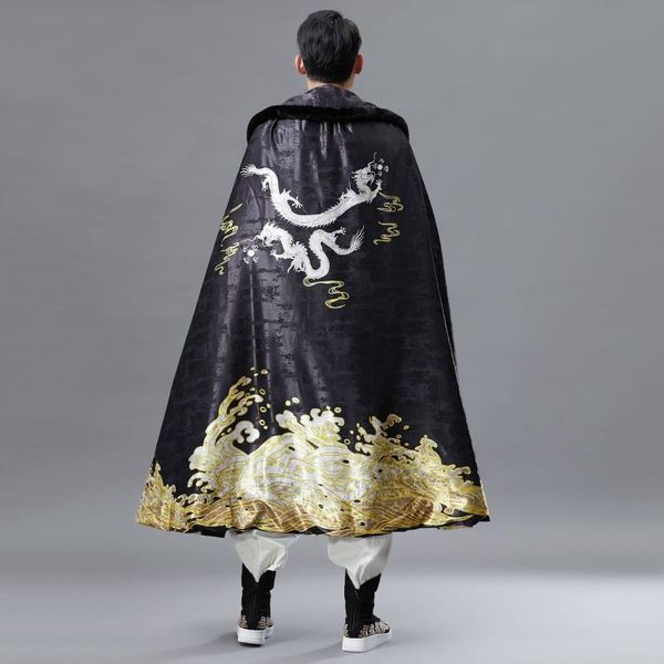 

2019 autumn new style phi collar cloak retro chinese-style cloak men's shawl printed jinlong trench coat casual, Tan;black