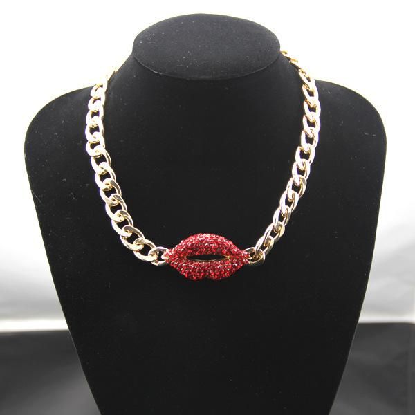 Neue Mode Jungs Hiphop Damen Vintage Red Diamond Lippenanhänger Cuban Link Choker Halskette Miami Rapper Schmuck Weihnachtsgeschenke für Mädchen