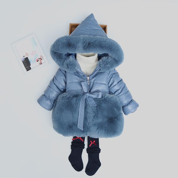 

girl's thickened pu cotton-padded jacket, Blue;gray
