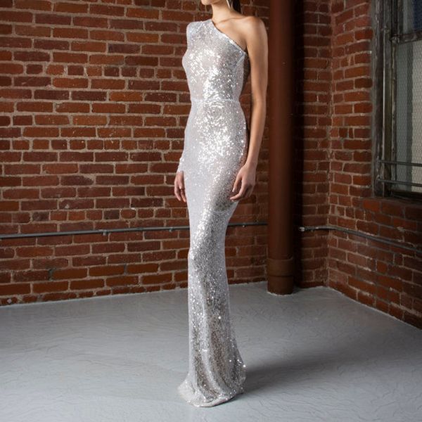 

one shoulder silver sequined evening dress one sleeve split back stretchy backless prom dress celebrity, White;black