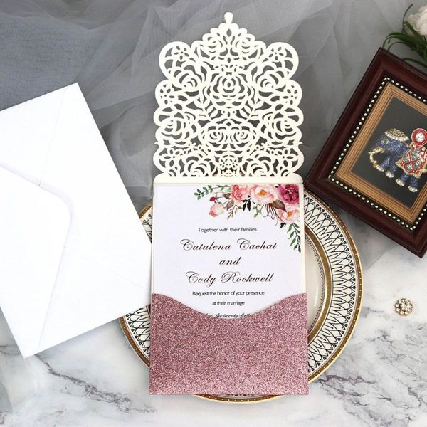 

10pcs laser cut glitte rose invitations card with rhinestone kits wedding party d08d