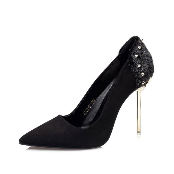 

zhenzhou 10cm pumps 2019 fashion rivet pointed shallow mouth horse hair shallow mouth low heels stiletto women's shoes, Black