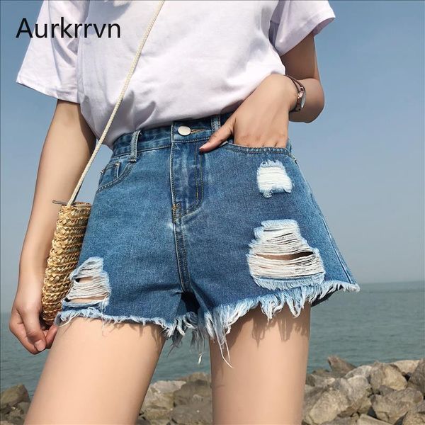 

aurkrrvn 2020 summer jean shorts for women ripped hole pocket straight leg harajuku shorts womens denim short female streetwear, Blue