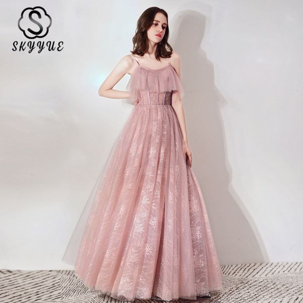 

party dresses pink evening skyyue k284 elegant boat neck ruffles dress spaghetti strap a line long vestidos de fiesta, White;black