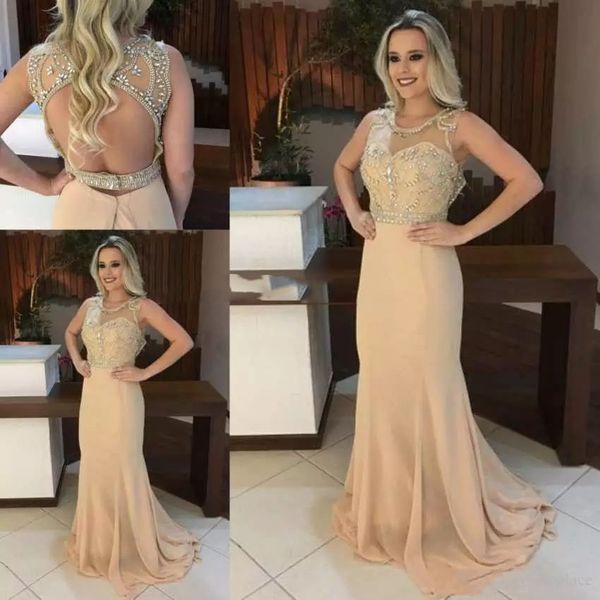 

champagne long evening dresses scoop neck sleeveless beads chiffon open back 2019 mermaid prom gowns, Black;red