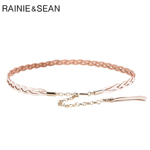 

rainie sean braided belt woman white chain belt genuine cow leather tassel brand thin elegant ladies dress belts, Black;brown