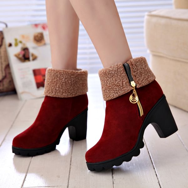

2020 women winter snow red boots 8.5cm high heels fur felt platform sheep boots block heels plush ankle booties chunky zip shoes, Black