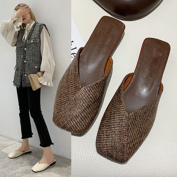 

women slippers female square toe mules shoes women low heel weave retro slides women's casual footwear ladies solid comfort 2020, Black