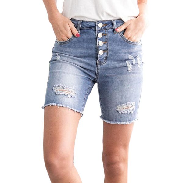 

оптовая 2020 дешевые цены одежда женщины лето половина длины jeans высокая талия кнопка передняя проблемные denim шорты, Blue