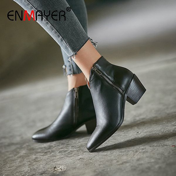 

enmayer 2020 ankle boots for women basic round toe spike heels genuine leather boots women zip short plush black 34-39