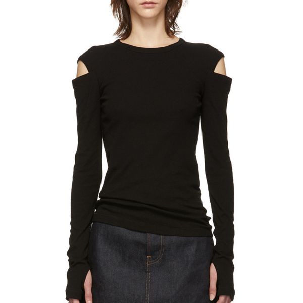 

deat 2019 new spring fashion round neck hollow out off-the shoulder full sleeves slim t-shirt wd55601l, White