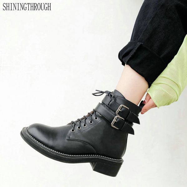 

spring autumn genuine leather low heels women ankle boots lace up western short boots casual shoes woman, Black