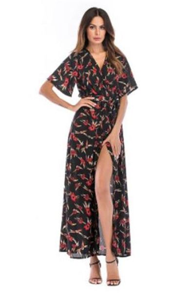 

women dresses deep v neck short sleeve loose dress beach causal cool dress summer floral split, Black;gray