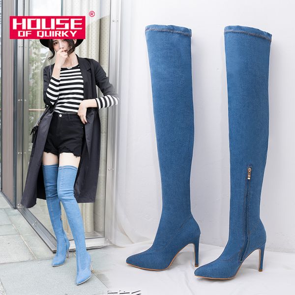 

comfortable thigh high boots women denim women over the knee boots femme thin heels botas mujer spring and autumn shoes, Black