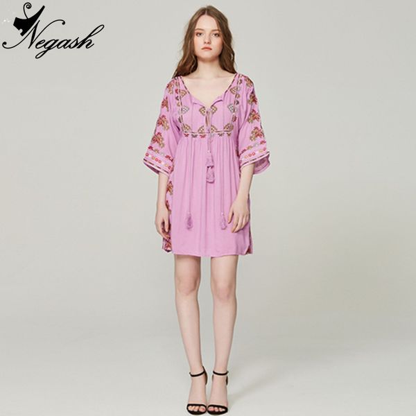 

high-quality real europe spring summer 2018 bohemia floral embroidery tassel decoration retro styled dresses vestidos 3 colors, Black;gray