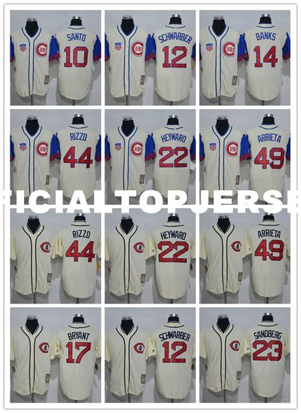 

2019 men's10 ron santo 12 kyle schwarber 14 ernie banks 22 jason heyward 44 anthony rizzo 1929 1942 retro stitched jerseys, Black;blue
