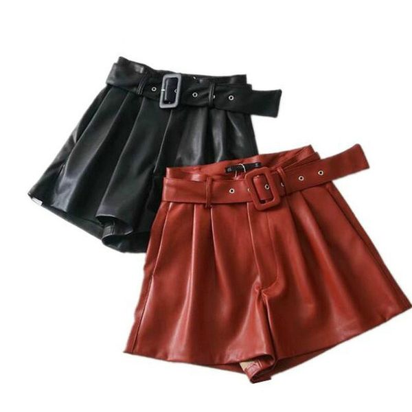 

aprilgrass brand designer women black orange color pu leather high waist with belt wide leg faux leather shorts loose pu shorts