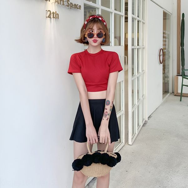 

split swim women's slim belly-covering backless korean student's small chest skirt three-piece swimsuit swimming suit, White;black