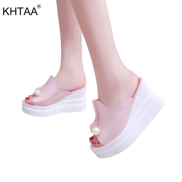 

khtaa women summer sandals thick heel peep toe wedges sandals beading slippers platform sandalias slides high shoes, Black