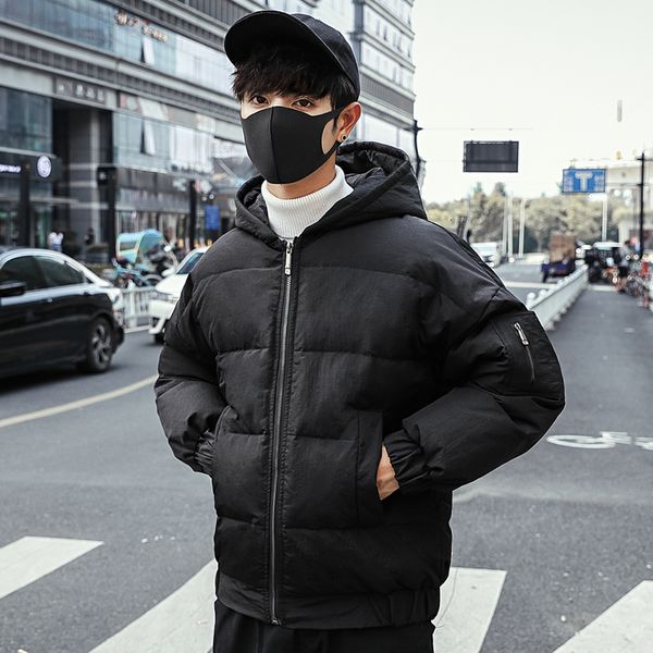 

winter new jacket men's warm thick parka men fashion solid color hooded coat street wild loose cotton jacket male clothes, Black