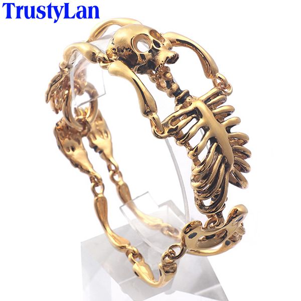 

trustylan gothic skull body bracelet for biker rocker cool gold color stainless steel men jewelry friendship mens bracelets drop, Golden;silver