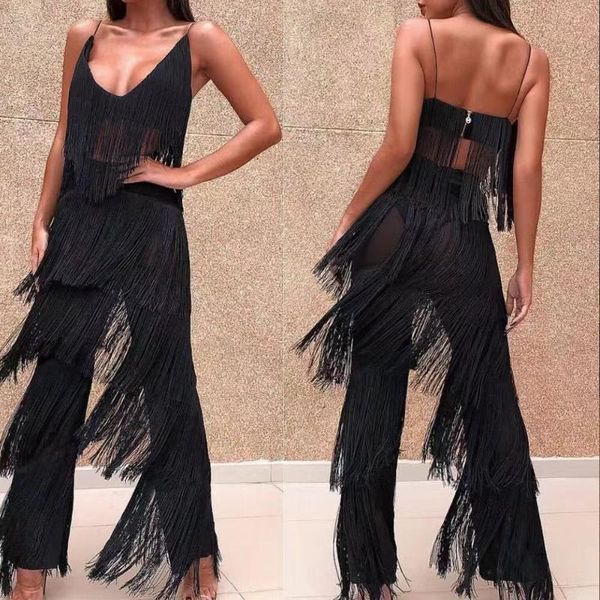 

missord 2020 new summer v neck off shoulder two pcs set tassel women elegant jumpsuit ft18835, Black;white