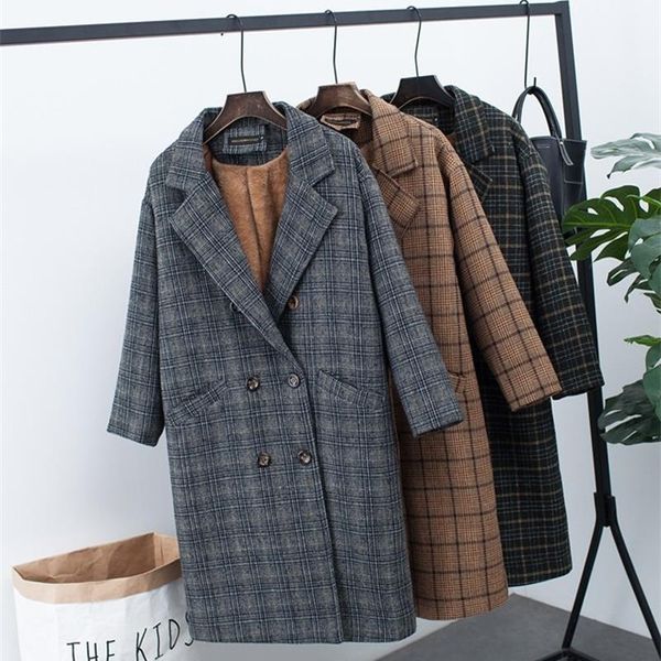 

new winter clothing plus velvet thick woolen jacket female korean version of the long loose large size plaid woolen coat, Black