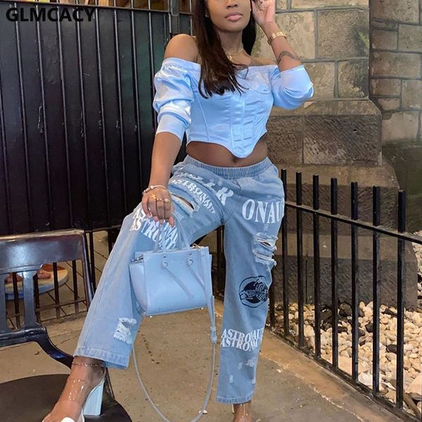 

women letter printd ripped jeans regular denim pants casual chic streetwear elegant long pants, Blue