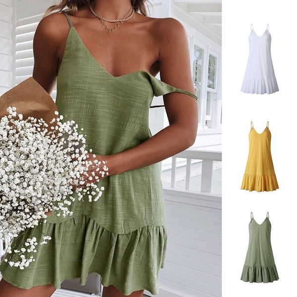 

women mini dress ladies sling dress summer v-neck solid color ruffled style, Black;gray