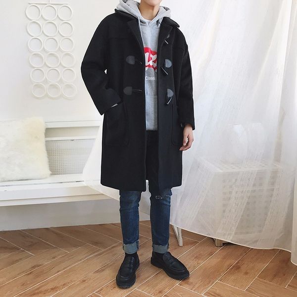 

2017 winter new arrival fashion casual woolen blends horn buckle turn-down collar loose mid-length overcoat lovers clothes coat, Black