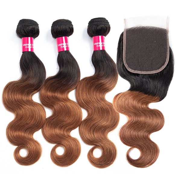 

3 bundles 1b/30 brazilian body wave hair with closure ombre 4x4 lace closure with human hair bundles new arrival, Black;brown