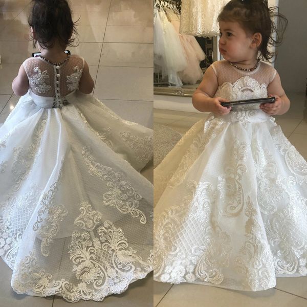 Adorabili abiti da ragazza di fiori bianchi per matrimoni, collo gioiello, bottoni in pizzo, abiti da spettacolo per feste di compleanno per bambini