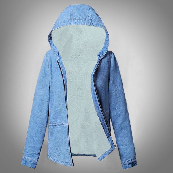 

new 2019 fashion winter coat women wool lining jean coat with hooded long sleeves warm jeans jacket casual denim outwear female, Black;brown