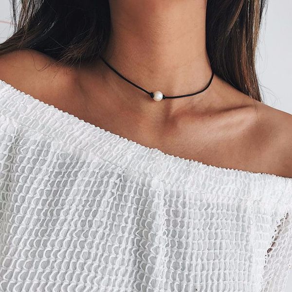 

fashion pearl short clavicle chain necklace black leather rope gothic style choker necklace for women collares jewelry, Golden;silver